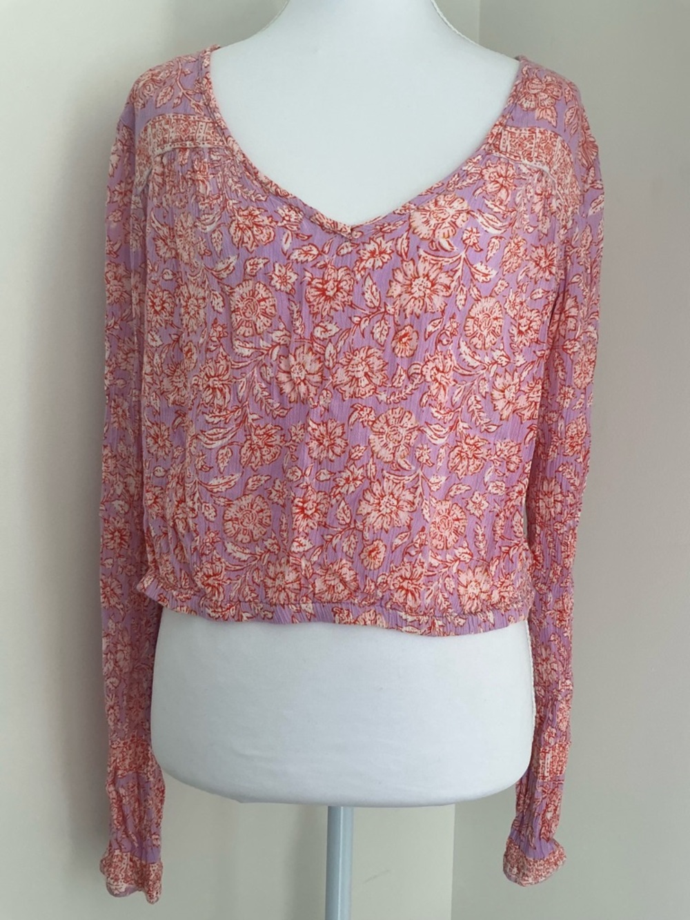 Billabong Lavender and Coral Floral V-Neck Long Sleeve Blouse